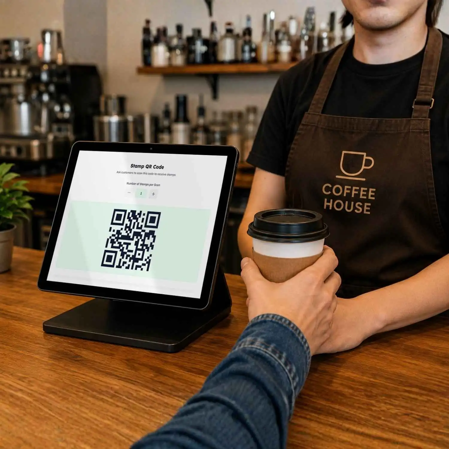 A barista holding a coffee cup next to a tablet on the counter showing a Stamp QR Code screen