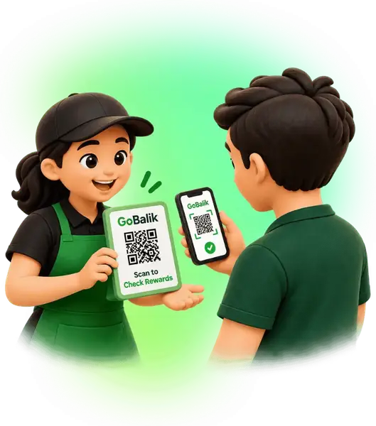 A GoBalik staff member holds up the Scan to Check Rewards QR standee while a customer scans it on their phone