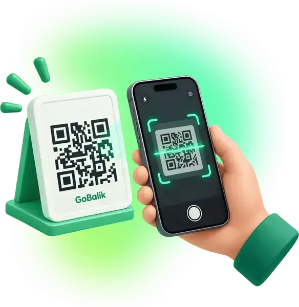 A phone camera scanning the GoBalik QR standee on the counter